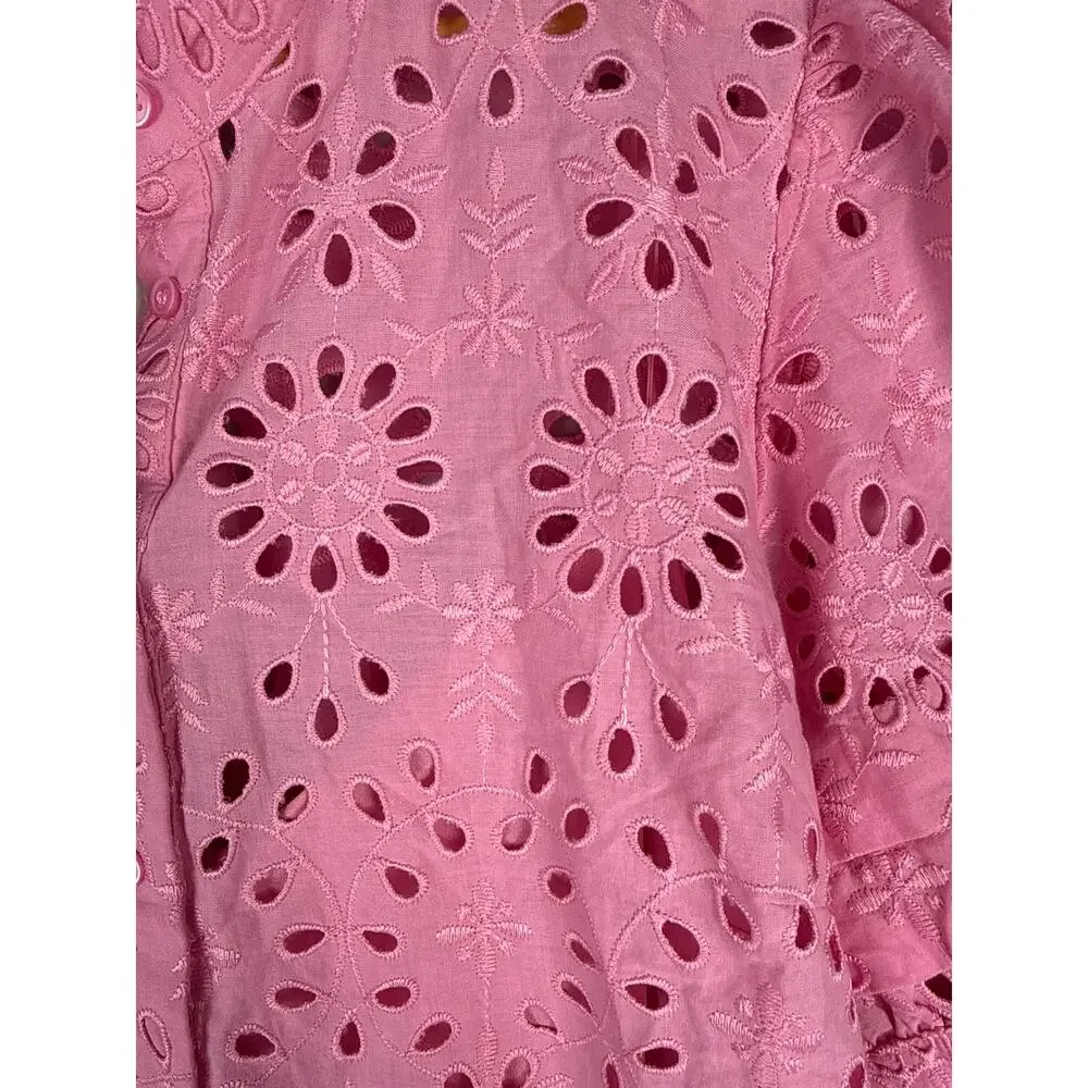 J. Crew Puff-Sleeve Popover Top in Pink Eyelet Size Large
